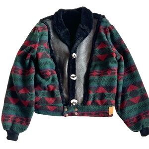 Vintage "Wa Kina by PIG" Wool Leather Southwestern Boho Jacket Sherpa Trim
